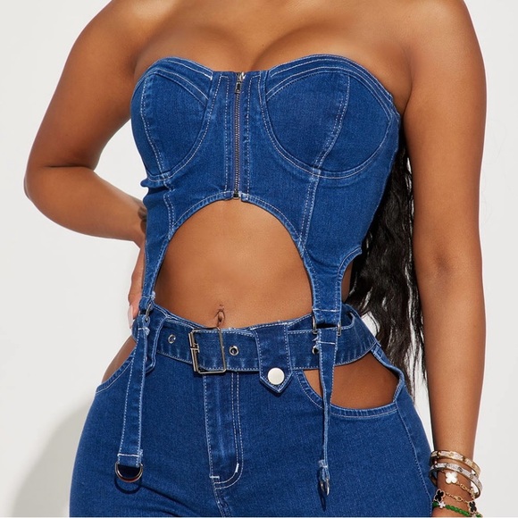 Unbothered Denim Corset Top - Dark Wash Size Medium - Picture 2 of 3
